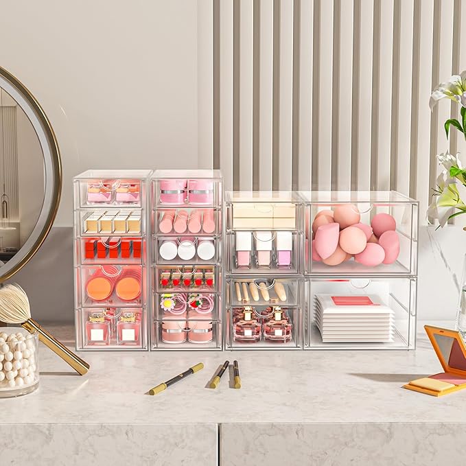 ARSTPEOE Makeup Acrylic Organizer with 17 Drawers(4 Sets), Desk Organizers and Accessories, Clear Makeup Organizer, Dustproof Storage Drawers for Office Art Craft Supplies
