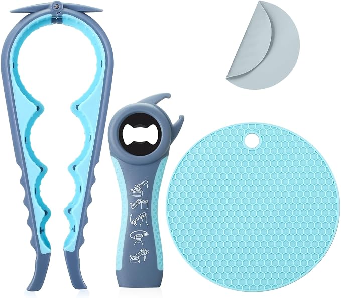Jar Bottle Opener for Weak Hands,4 &5 in 1 Multi Function Non-Slip Can Lid Opener Tools with Silicone Jar Gripper Pad,Suitable for Seniors,Children and Arthritic Hands (Light Blue)