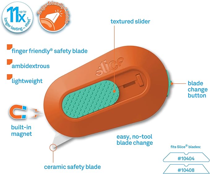 Slice Mini Box Cutter | Manual Retracting | Safe Ceramic Box Cutter Lasting 11x Longer than Metal | Box Opener | 2 Pack | Orange