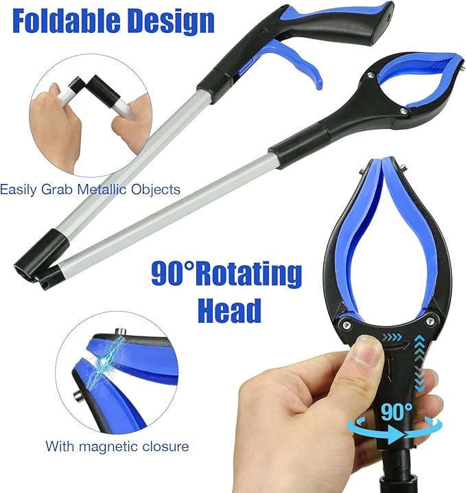 2-Pack Grabber Reacher Tool, 32" Foldable Reacher Grabber Pickup Tool with 90° Rotating Anti-Slip Jaw, Trash Picker Upper Grabber, Hand Grabber for Reaching, Grabbers for Seniors (Blue)
