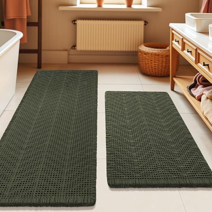 Waffle Bath Mat Set 2 Piece, Boho Woven Modern Bath Rug Absorbent Non Slip, Ultra Soft Bathroom Mats, Machine Washable Knit Bath Rugs with Herringbones for Bathroom, Kitchen, Shower, Tub, Dark Green