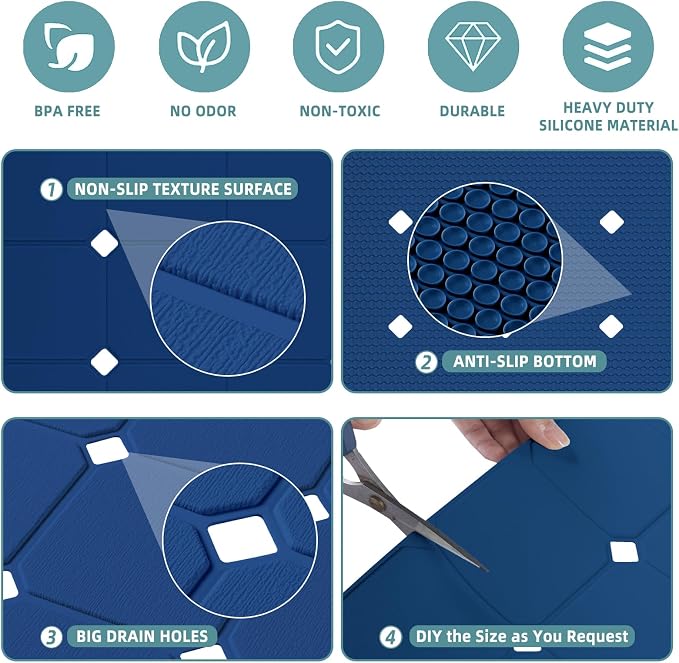 Shower Mat Non Slip Silicone Soft Odorless Bathtub Mat Non Slip No Suction Cups for Refinished,Reglazed and Textured Bath Tub Mat 24 X 24 Inch Navy