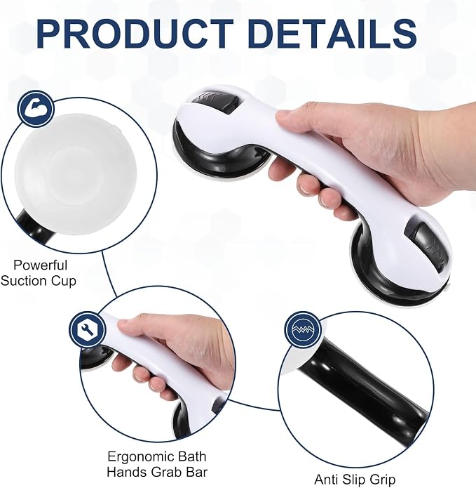 uxcell Grab Bars for Shower, 12 Inch Shower Handle Suction Cup, Grab Bars Elderly Assistance Products Safety Removable Grip Press-Lock for Seniors Bathtubs Bathroom Toilets, White/Black