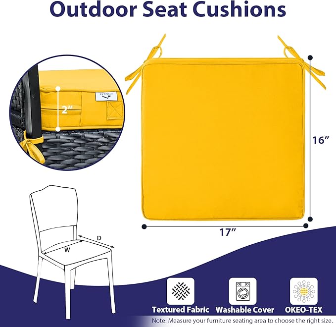 IPYNBAP Outdoor Chair Cushions Set of 4 -Waterproof Outdoor Seat Cushions for Patio Furniture, Patio Chair Cushion with Handle and Ties, Out Door Chair Pads,17x16x2-Square, Yellow