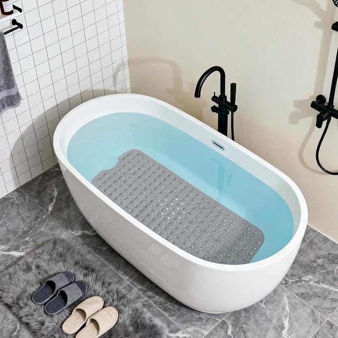 Anti-Slip Bathtub Shower mat, 40×16 inch（ 100 × 40cm） Soft Oversized Machine Washable Non-Slip Bathtub mat with Drainage Holes, Bathroom Floor Suction Cup.（1-Opaque Gray）