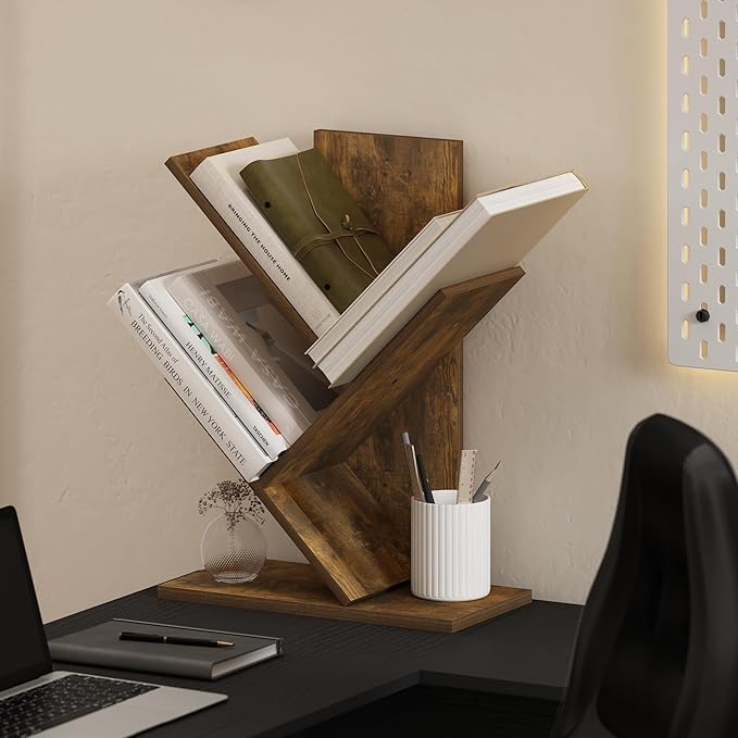 Furinno Tree Book Shelf, 3-Tier Bookshelf with Angled Open Shelf, Tree Bookcase for Room Decor, 8.4 x 15.7 x 21.3, for Organization and Storage, for Living Room, Bedroom, Home Office, Amber Pine | Furinno