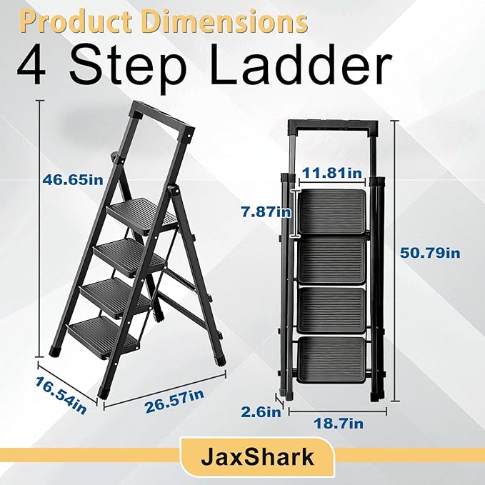 4 Step Ladder with Handrail Folding Step Stool with Tool Tray 500LBS Capacity Sturdy Carbon Steel Frame Anti-Slip Stripe Pedal for Home Kitchen Garage (black-4step)