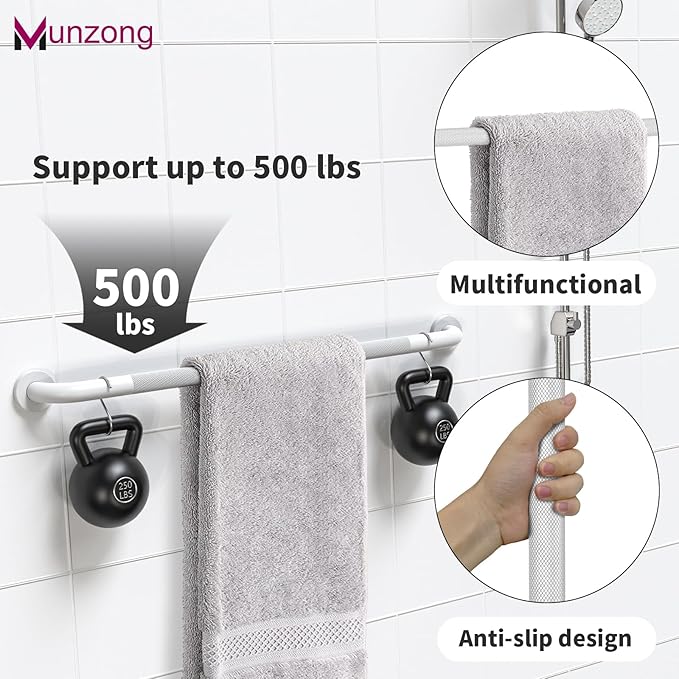 3 Pack Anti Slip Shower Grab Bar for Commercial, Munzong 18" 36" 42" White Bathroom Grab Bar Bundle,1.25" Diameter Handicap Balance Bar,Stainless Steel Safety Hand Rail for Elderly Assist Bath Handle