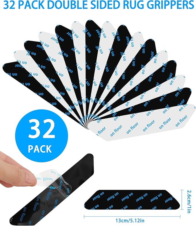 32 PCS Reusable Washable Grippers for Rugs, Highly adhesive and thin，Removable Rug Tape,Double Sided Non-Slip Rug Pads for Hardwood Floors and Carpet Corners,Keep Area Rugs Corners from Curling .