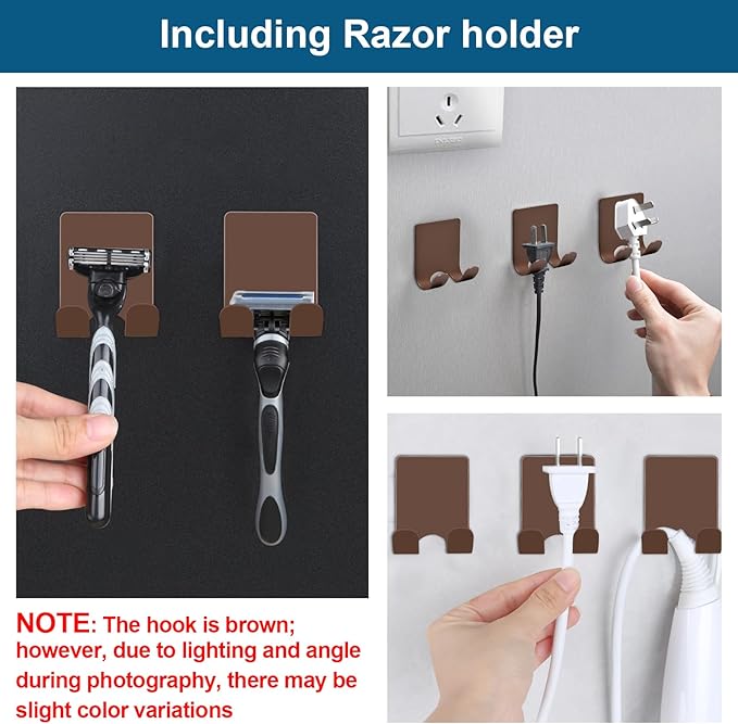 Diesisa Razor Holder for Shower + Adhesive Wall Hooks, Premium 304 Stainless Steel Shower Razor Holder with Heavy Duty Waterproof Sticky Hooks for Hanging Towels, Coat, hat (2+2 Pack)-Brown
