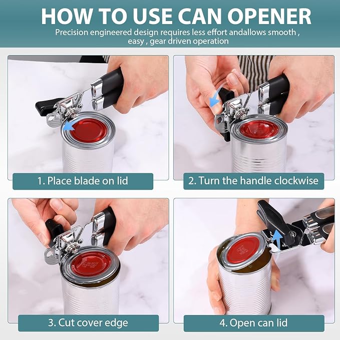 Multifunctional Stainless Steel Manual Can Opener and Bottle Opener, Heavy Duty Hand Held Can Opener with Easy Turn Knob, Sharp Blade Smooth Edge, Good Grips Kitchen Tool for Seniors (Black Silver)