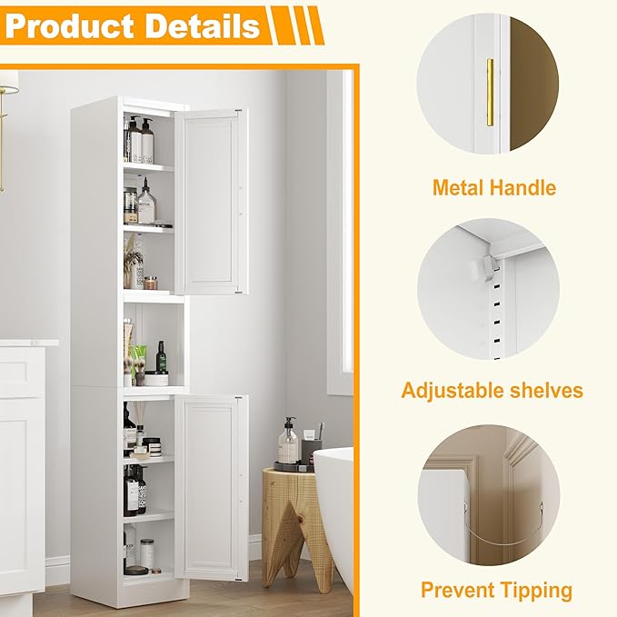 Ckzbx Tall Narrow Storage Cabinet 66.93" H Tall Bathroom Cabinets Metal Pantry Cabinet, 4 Adjustable Shelves for Kitchen, Home Office, Living Room, Dinning Room (12 inches Wide White)