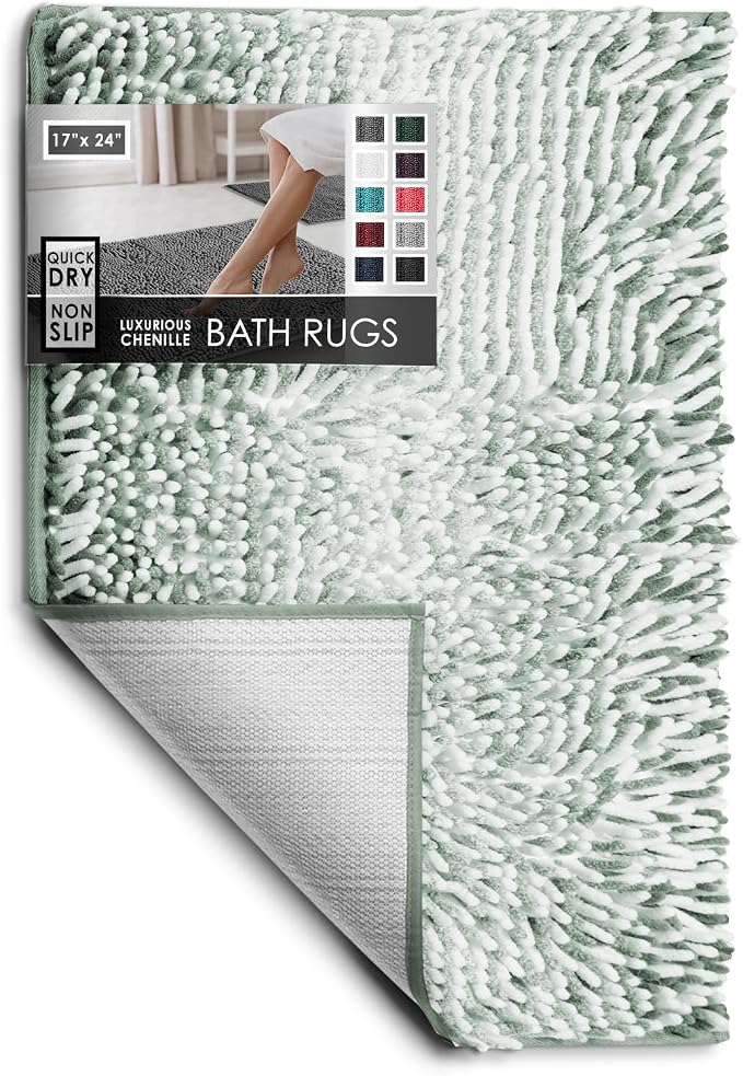 Hearth & Harbor Bathroom Rugs, Chenille Bath Mat - Machine Washable Bath Mats for Bathroom Non-Slip Backing Rubber, Quick Dry Bathroom Mat, 17 x 24 - Ombre Green