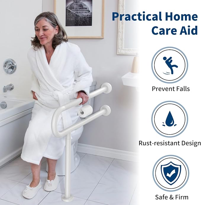 Toilet Grab Bar with Leg 31.5x28 Inch, ZUEXT White Knurled Toilet Support Bar with Toilet Paper Holder,Stainless Steel Wall & Floor Mounted Bathroom Support Rail for Seniors Elderly Disabled Pregnant