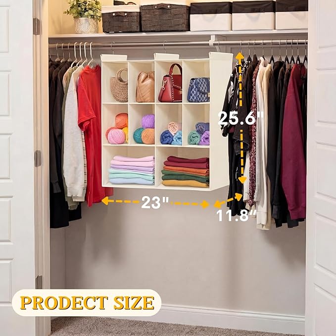 Ofiray-home 3 Tier Hanging Closet Organizer, 10 Compartments Sweater Organizer for Closet with 3 Sturdy Hooks, Closet Organizers and Storage, Wardrobe, Rv, Garment Rack, Beige