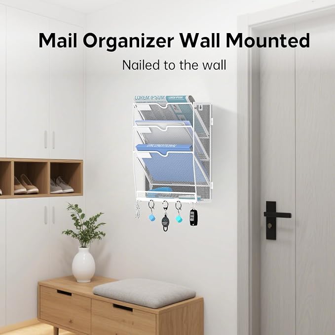 Wall File Organizer - Hanging File Organizer with 5 Hooks, Mail Holder Wall Mounted for Papers, Folders, Magazines, Bills, 4 Tier Office&School Organization, White