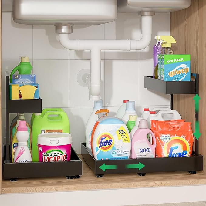 REALINN L-Shaped Under Sink Organizer with 6-Level Height Adjustment & Expandable Width, Pull-Out Cabinet Storage Rack with Quiet Sliding Rails for Kitchen, Bathroom, Black, 2 Pack