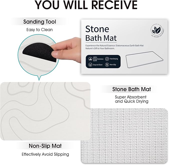 ZIKIBL Stone Bath Mat Diatomaceous Earth Shower Mat Non-Slip Super Absorbent Diatomite Stone Mats for Bathroom Floor/Ktichen Cuonter Quick-Drying Easy to Clean (24''*16''White)