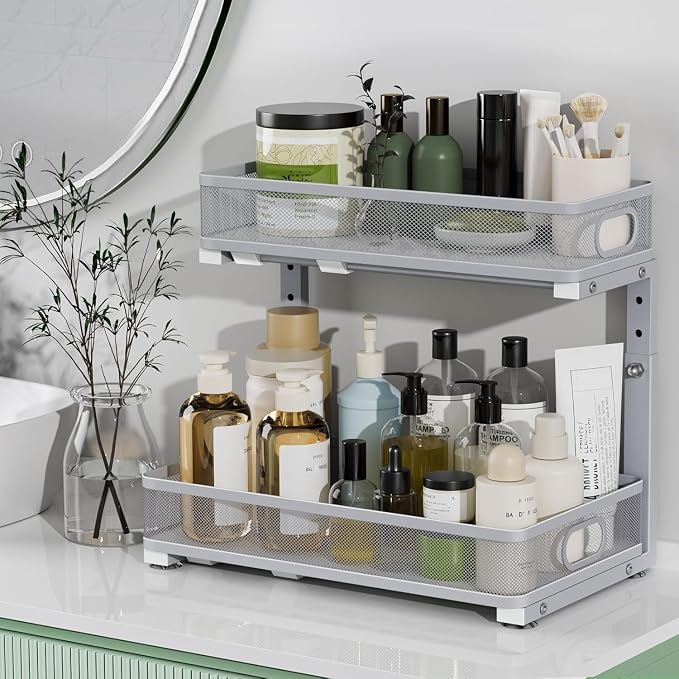 Under Sink Organizer, High Adjustable 2 Tier Under Sink Organizers and Storage, Slide out Metal Cabinet Organizers, Pull out Storage Drawer Shelf for Kitchen Bathroom Cabinet (1, Gray)