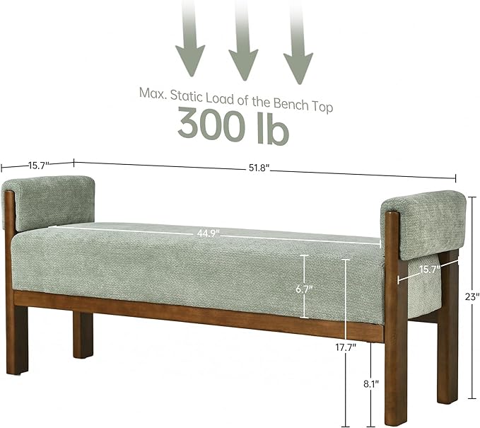 VKNOW End of Bed Bench, 51.8” Modern Upholstered Bedroom Bench Indoor Bench with Arms, Entryway Bench with Solid Wood Frame for Bedroom Living Room, Light Green