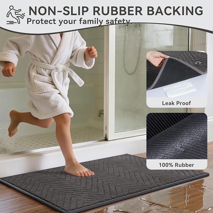 Non-Slip Bath Mat 16x24-2pc Quick Dry Absorbent Non Slip Bath Mat Bath Mats for Bathtub Mat Bathroom Carpet Fit Under Door Washable Floor Bath Rug Grey