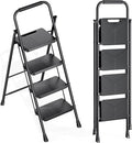KINGRACK 4 Step Ladder, Folding Step Stool with Handrail, Safe-Lock Design and Wide Anti-Slip Pedals, 500 lbs Capacity Sturdy Steel Ladder for Home and Kitchen, Black