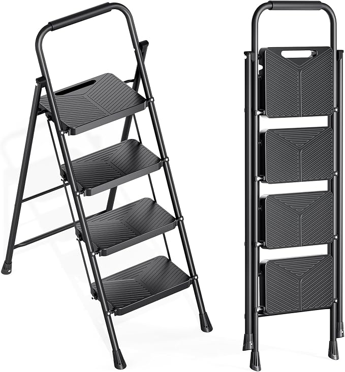KINGRACK 4 Step Ladder, Folding Step Stool with Handrail, Safe-Lock Design and Wide Anti-Slip Pedals, 500 lbs Capacity Sturdy Steel Ladder for Home and Kitchen, Black