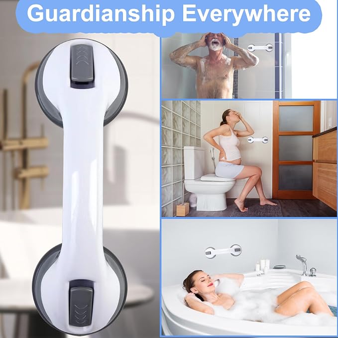 Shower Handles for Elderly Suction Seniors Cup 12 Inch Grey Grab Bar Safety Rail for Bathtubs Showers Bathroom Walls Tub Toilet with Strong Hold Grip Injury Handicap Elderly