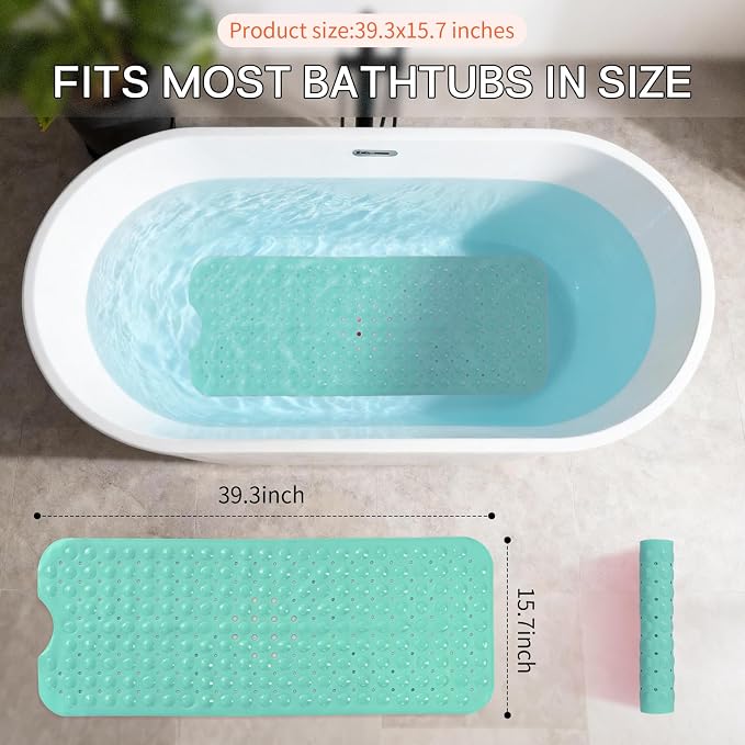 Anti-Slip Bathtub Shower mat, 40×16 inch（ 100 × 40cm） Soft Oversized Machine Washable Non-Slip Bathtub mat with Drainage Holes, Bathroom Floor Suction Cup.（1-Turquoise Green）