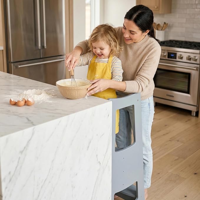 EGREE Modern Gray Wooden Toddler Kitchen Tower Step Stool- 3 Heights Adjustable Montessori Learning Tower Step Up Stool with Safety Rails - Kids Kitchen Helper Stand for Cooking & Bathroom