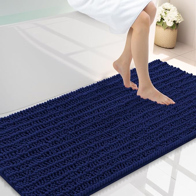 Smiry Bathroom Rugs Mat 47x24, Extra Soft Absorbent Chenille Bath Rugs, Non Slip Rubber Backing Machine Washable Quick Dry Bath Mats for Bathroom Floor, Tub, Shower, Home Decor Accessories, Navy Blue