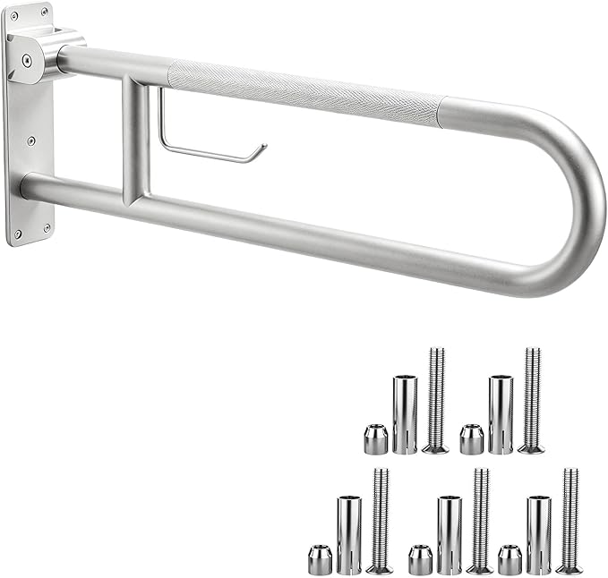 22.5 Inch Toilet Grab Bar, HUAS Brushed Nickel Anti Slip Bathroom Toilet Safety Rails, U Shaped Flip-Up Handicap Grab Bars w/Paper Holder, Stainless Steel Support Handrail for Elderly Disabled Senior