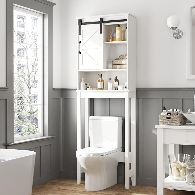 Over The Toilet Storage Cabinet, Bathroom Organizer with Adjustable Shelves and Anti-Tip Device, Space-Saving Storage Solution, White