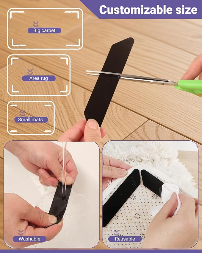 20PCS Rug Gripper,Carpet Rug Tape Keep Area Rugs Corners from Curling,Non-Slip Reusable Carpet Tape,Anti-Curling Rug Pads for Hardwood & Tile Floors,Black.