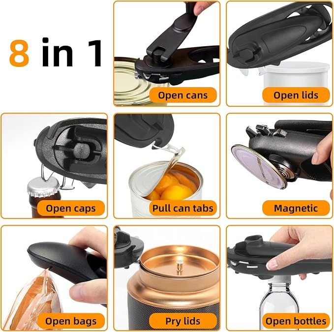8 in 1 Multifunctional Can Opener, Black Smooth Edge Bottle Opener with Magnetic,360°Rotating Handle Can Opener Manual