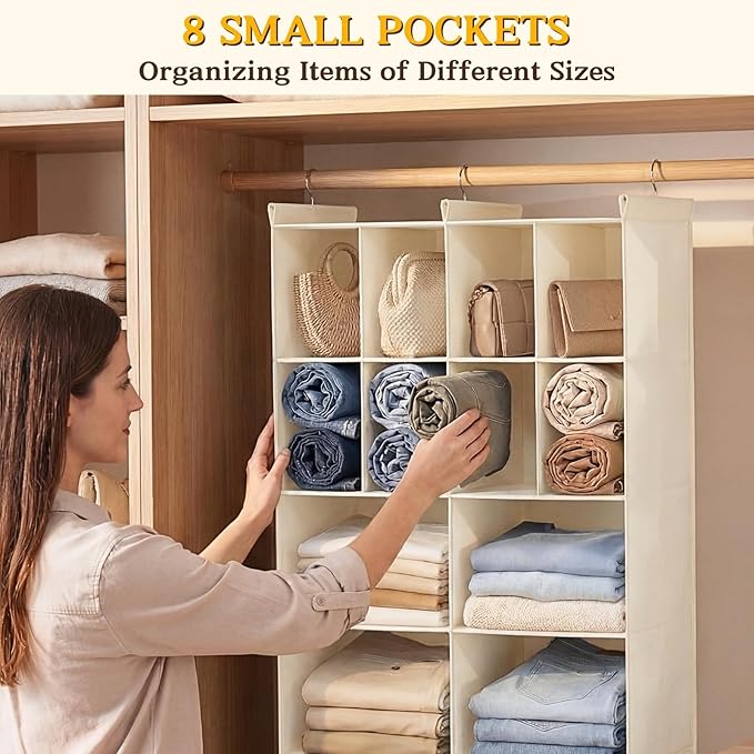 Ofiray-home 4 Tier Hanging Closet Organizer, 12 Compartments Sweater Organizer for Closet with 3 Sturdy Hooks, Closet Organizers and Storage, Wardrobe, Rv, Garment Rack, Beige