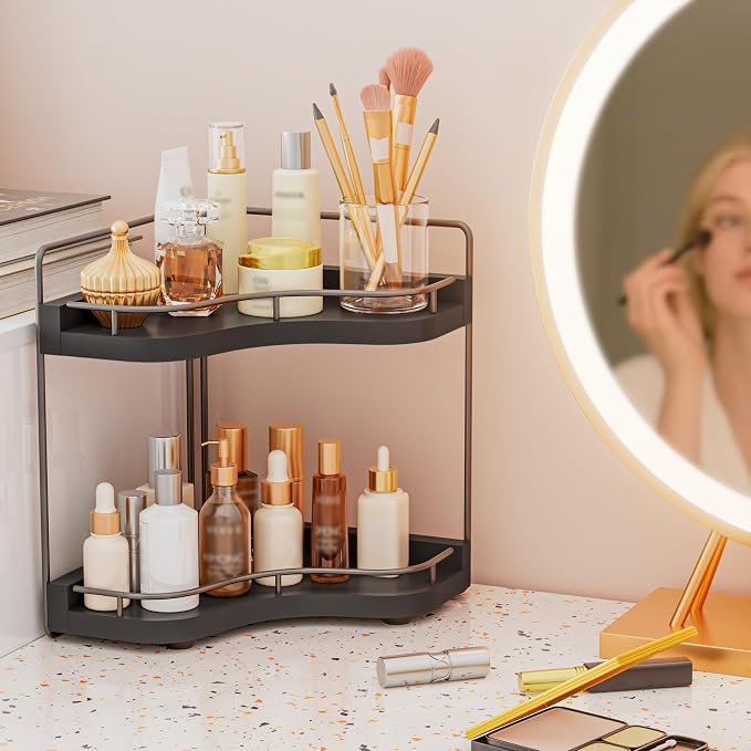 2-Tier Corner Bathroom Counter Organizer with Embedded Screw Holes, Secure & Stable Wood Vanity Shelf for Makeup and Skincare Essentials - Space Saving Bathroom Countertop Storage, Black