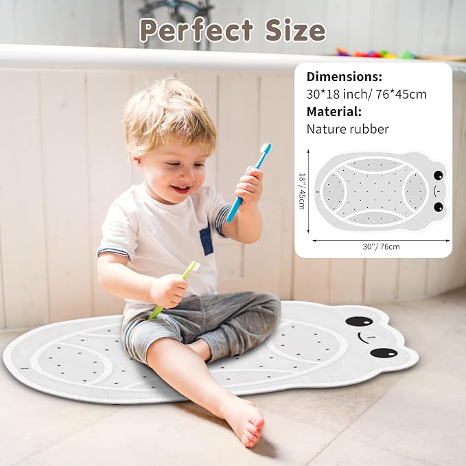 Upgraded Kids Bathtub Mat Non Slip, Low-Odor Natural Rubber Bath Mat with Strong 18mm Suction Cups, Flat Non-Slip Surface, 30"x18" Cute Frog Design, Shower Mat Fast Draining for Smooth Tubs, Beige