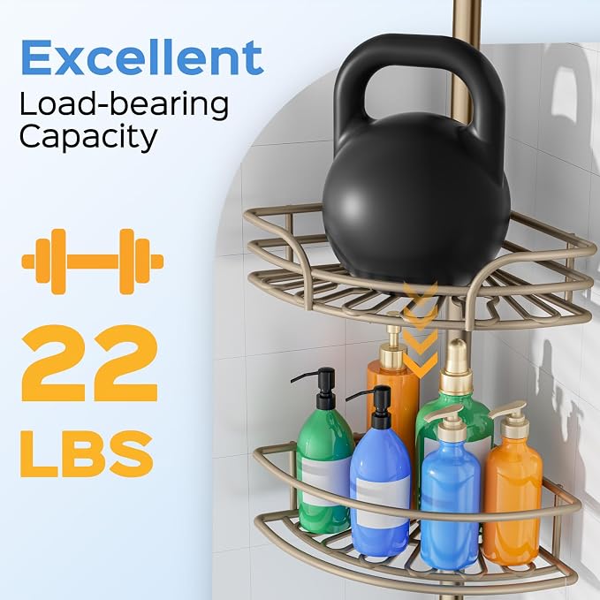 HAMITOR Shower Caddy Corner Tension Pole: 4-Tier Large Capacity Bathroom Organizer Shelves - Rustproof No-Drill Adjustable 47-123 inch Shower Storage for Renters, Home Bathtub Stand Rack, Tan Khaki