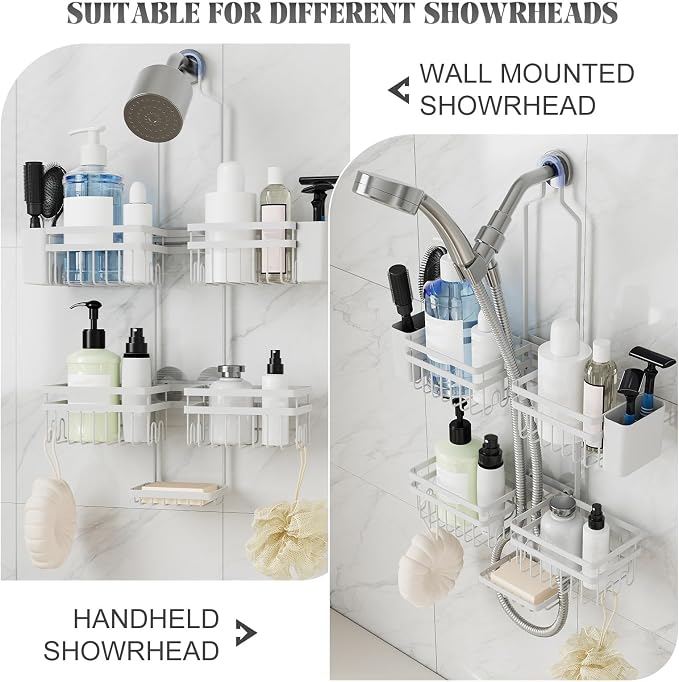 Shower Caddy Hanging for Bathroom Organizers and Storage - 3-Tier Adjustable Anti-Swing Shower Organizer Hanging with Heavy-Duty Suction Cups, Damage-Free Rustproof (White)