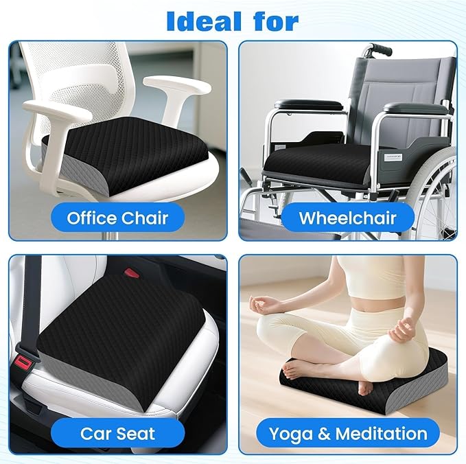 Seat Cushion, Memory Foam Chair Pad for Sciatica & Hip Pain Relief, Non-Slip Cushion for Office, Home, Car, Large Desk Chair Cushion, Washable Cover & Handle, Large, Black