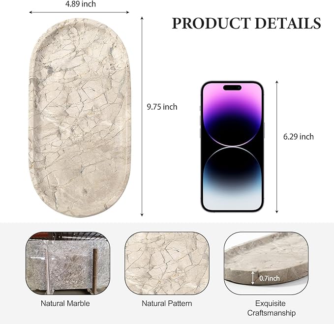 Koville Natural Silver Pearl Marble Decorative Tray, 10" x 5" Marble Vanity Tray for Bathroom Countertop Organizer Stone Trays, Catchall Tray Stone Plate for Perfume, Candles, Jewelry