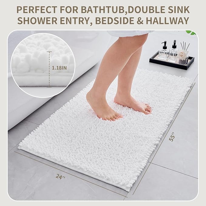 Bathroom Rugs Non Slip Washable 55x24, Extra Thick Soft Chenille Absorbent Bath Mat, High Density Barrier Non Slip Backing, Quick Dry Plush Shaggy Floor Carpet for Tub&Shower, White