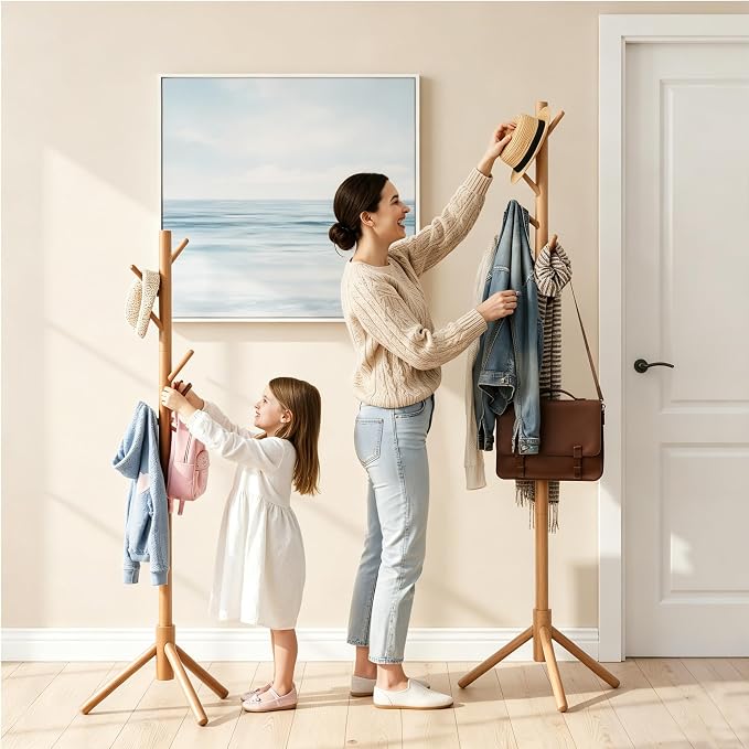 Wooden Coat Rack Freestanding with 8 Hooks & 3 Adjustable Sizes for Clothes, Space-Saving Design for Bedroom Office Entrance Holds Hats Coats Scarves Bags