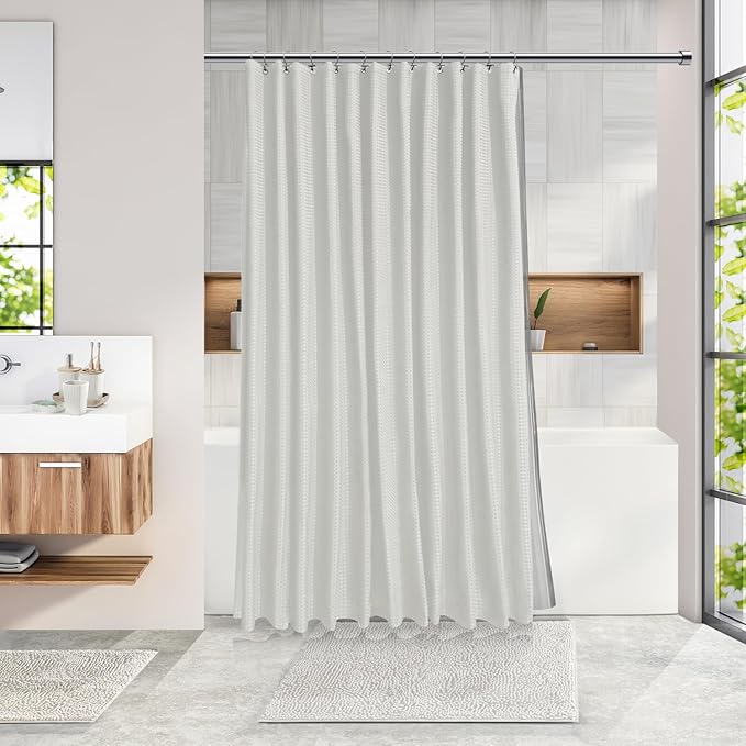 Clara Clark Bathroom Accessories Set - 27PC Bathroom Set with Adhesive Corner Shower Caddy Hanging, Bathroom Sets with Shower Curtain and Rugs, White Shower Curtain Set with Bathroom Trash Can