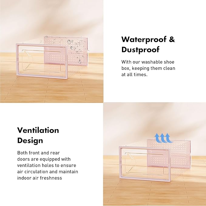 Foluck Shoe Storage Box, 15 Pack Clear Plastic Stackable Organizer for Closet, Interlocking Design Shoes Container Bins for Sneakers, Foldable Shoe Rack with Lids, Pink