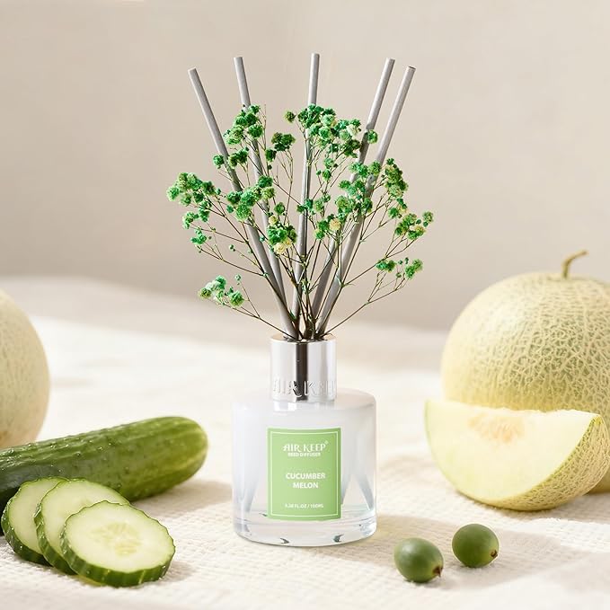 Airkeep Reed Diffuser Set,3.38 fl oz (100 ml) - Cucumber Melon Oil Diffusers with 8 Reed Sticks, Home Fragrance Reed Diffuser for Bathroom Shelf Decor