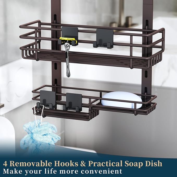 Consumest Over The Door Shower Caddy - 5 Tier Adjustable Shower Organizer Hanging with 2 Toothbrush Holders & 4 Hooks, Rustproof Organizer Shelf, Storage Rack for Bathroom, Bronze