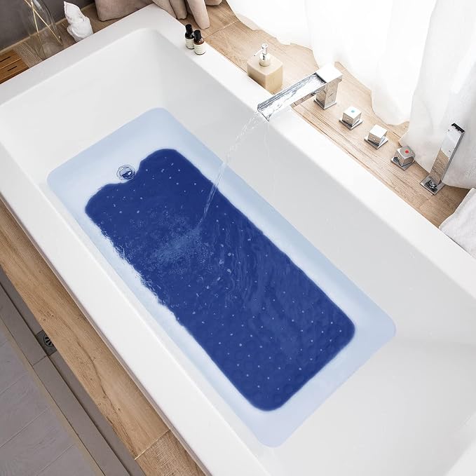 TEESHLY Bath Tub and Shower Mats, Non-Slip 39 x 16 Inch Extra Long Bathtub Mat, Machine Washable BathMat with Drain Holes, Suction Cups for Bathroom (Opaque Navy Blue)