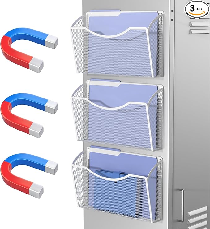 MINDEPOT Magnetic Wall File Holder - Metal Mesh Wall File Organizer with Powerful Magnet Single Pocket Wall Folder Holder for Office File Cabinet Whiteboard, No Assembly Required, Space Saver, White